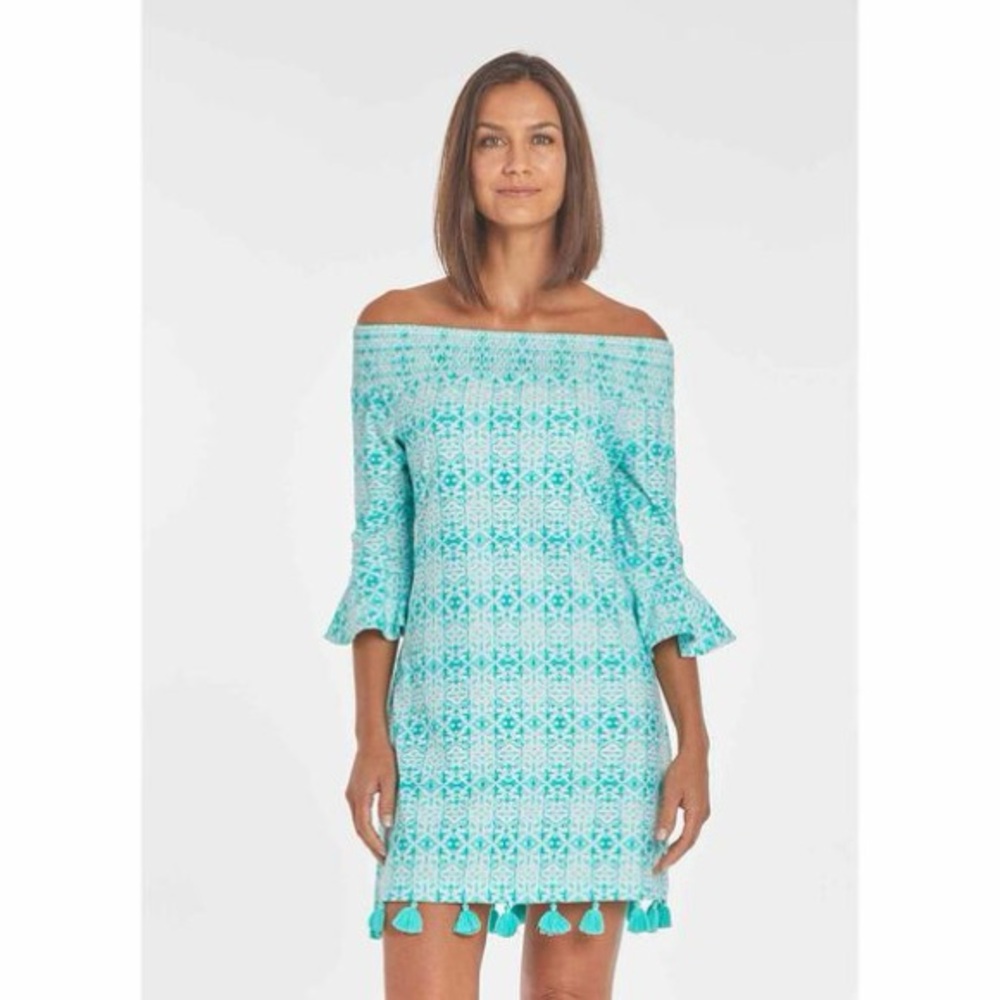 Cabana Life Aqua/Turquoise Off-Shoulder Mini Dress with Tassels